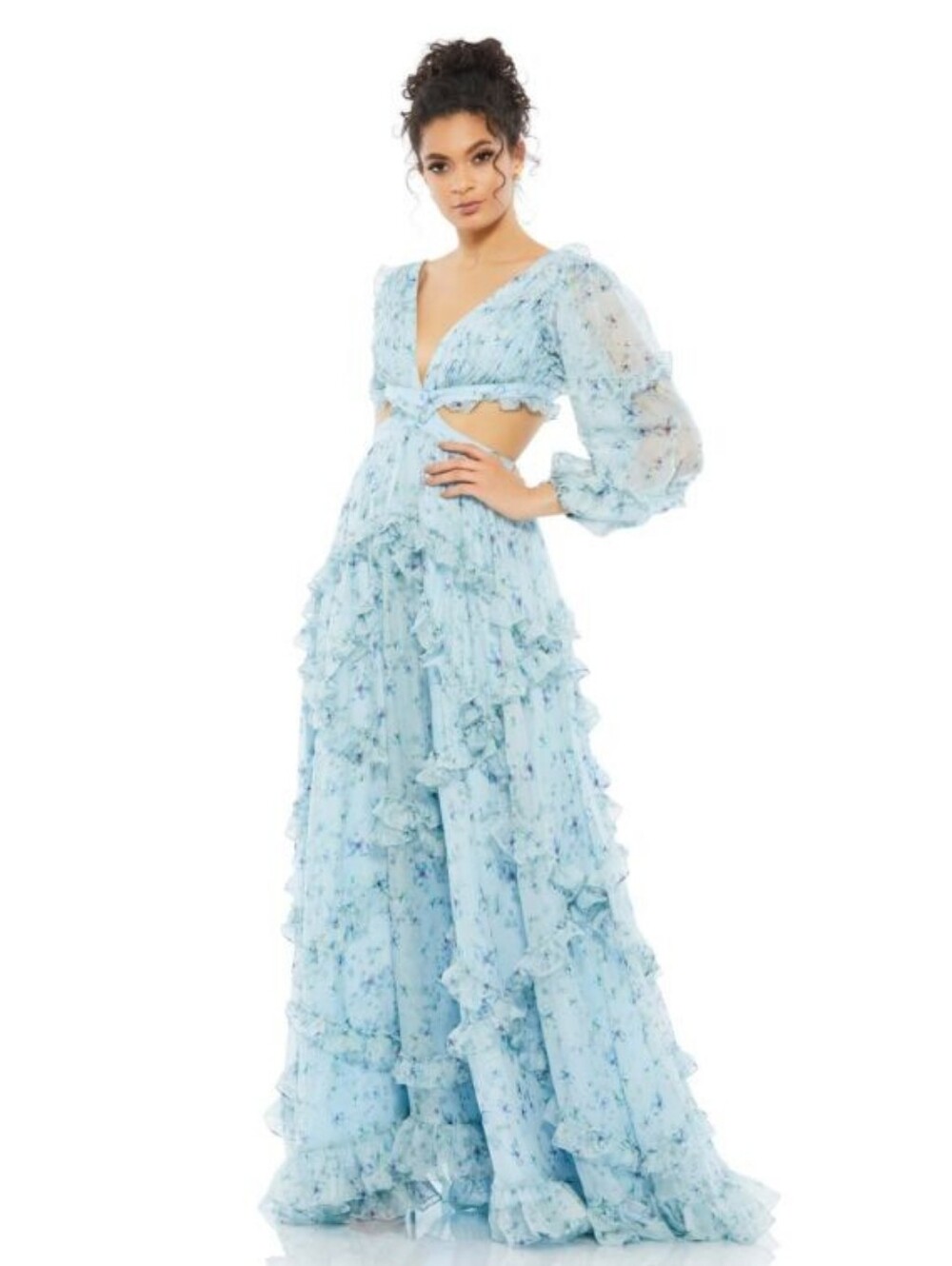Mac Dugal NWT Light Blue Floral Ruffle Maxi Dress